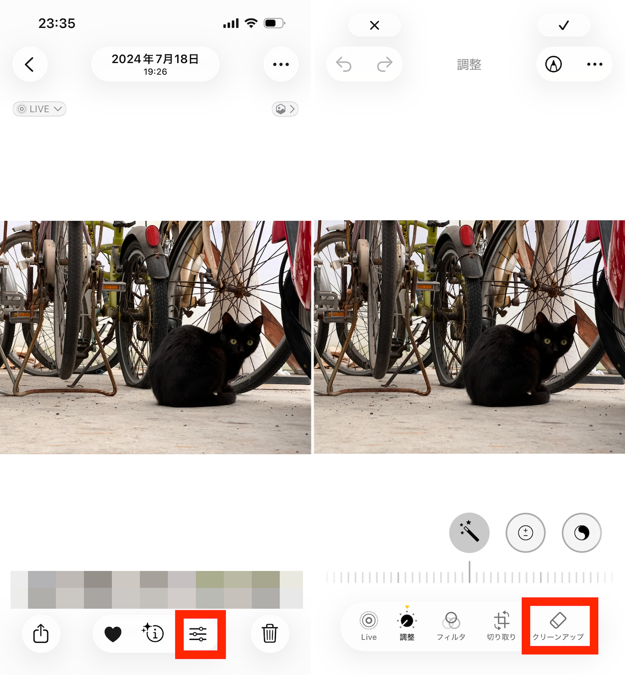 iPhoneの「写真」アプリで編集したい写真を開き、画面下部の赤枠で囲んだアイコンをタップ。続いて「クリーンアップ」を選択します。