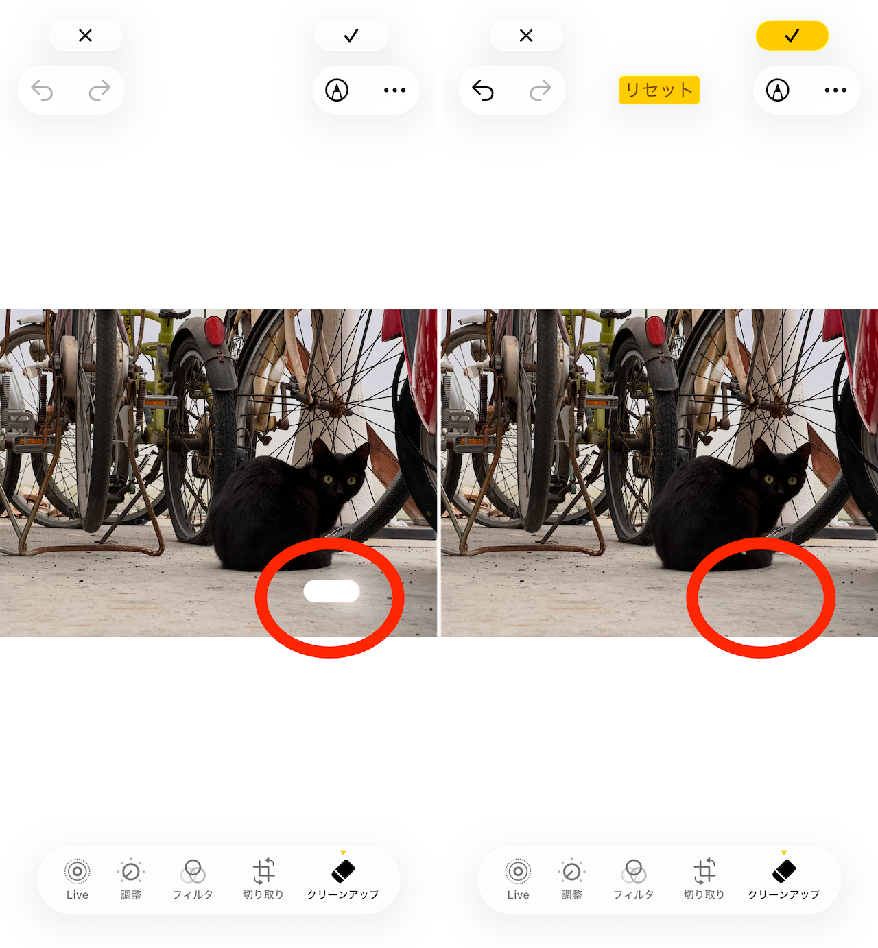 続いて、削除したい物(画像では地面にある黒ずみ)をなぞると、背景に馴染む形で削除さます。最後に、画面右上のチェックマークをタップすれば保存されます。