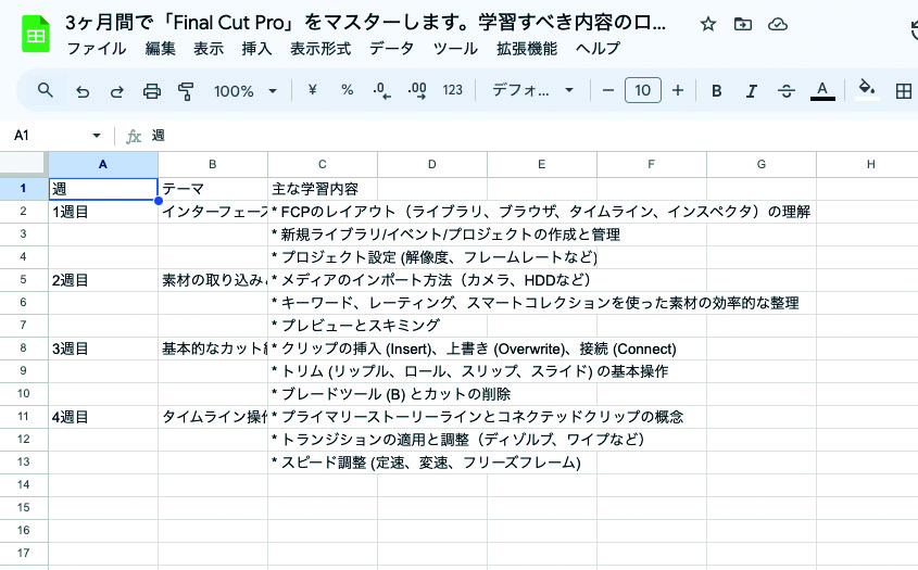 スプレッドシートに保存した学習内容は、そのままタスク管理やメモとして活用できます。不要な項目を整理したり、進捗を書き込んだりすることで、自分に合った学習計画に仕上げていきましょう。